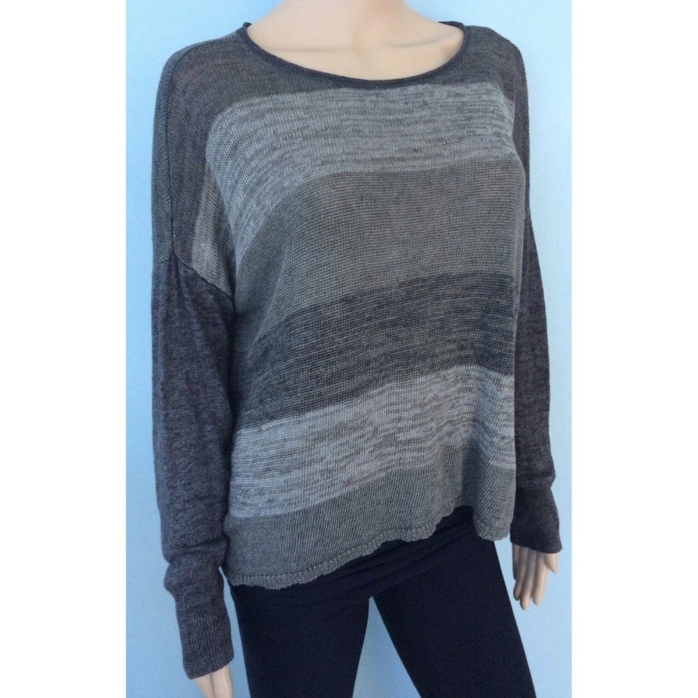 Eileen Fisher Women's Sweater Gray Striped Long Sleeve 100% Linen Scoop Neck M - Picture 10 of 12